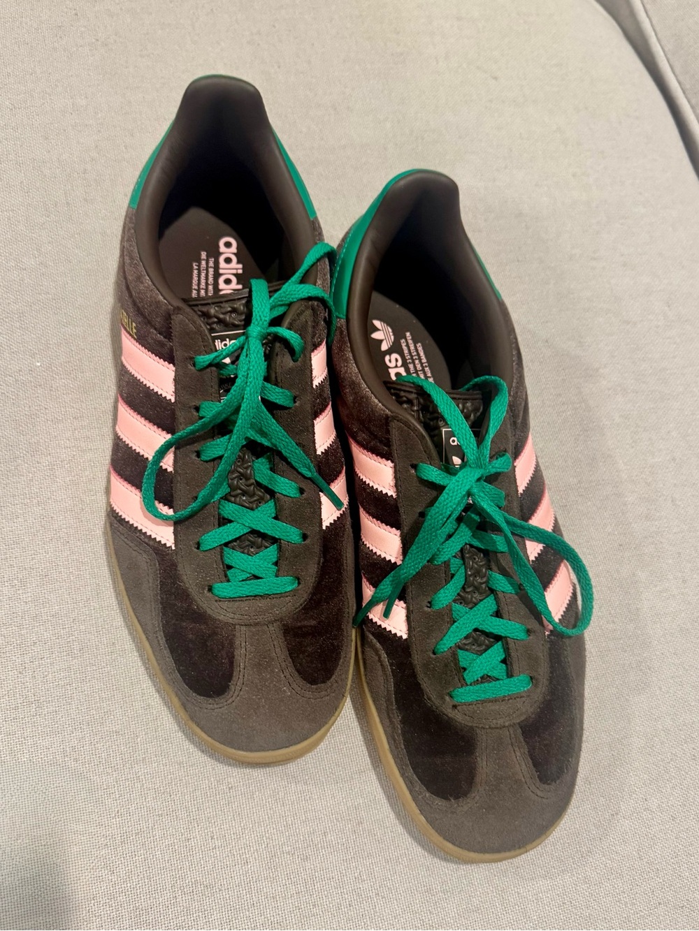 adidas Brown Suede Gazelle Sneakers with Pink Stripes and Green Accents - Picture 3 of 7